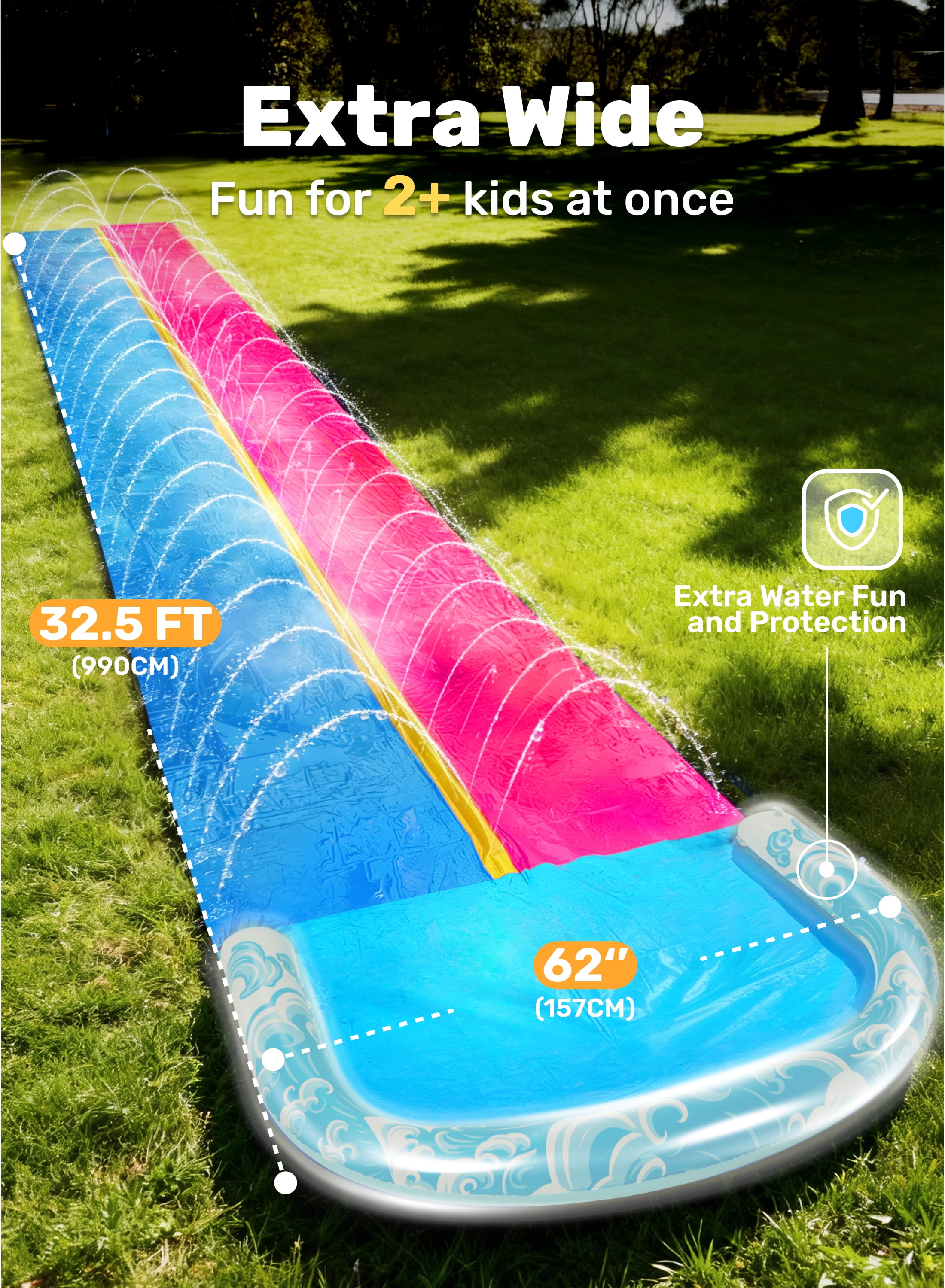Joyfy 32.5ft Extra Long Water Slide and 2 Inflatable Boards, Heavy Duty Lawn Water Slides 2 Waterslide Slip with Sprinkler for Kids Adults
