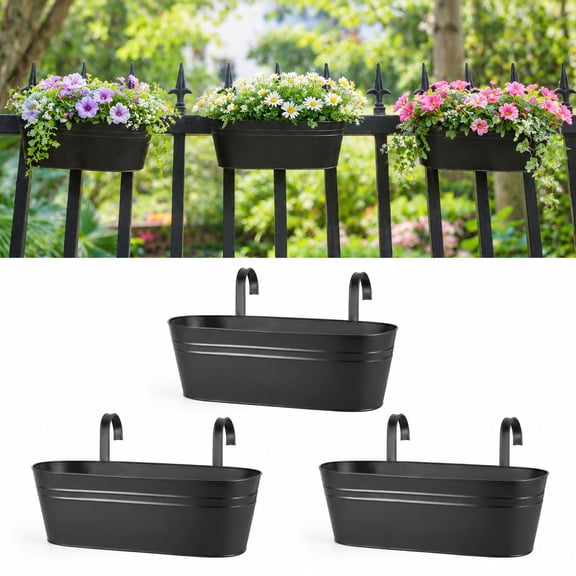 3 Pack Metal Railing Planter Boxes with Detachable Hooks, Outdoor Hanging Rectangular Plant Troughs for Balcony, Fence & Desktop Decor