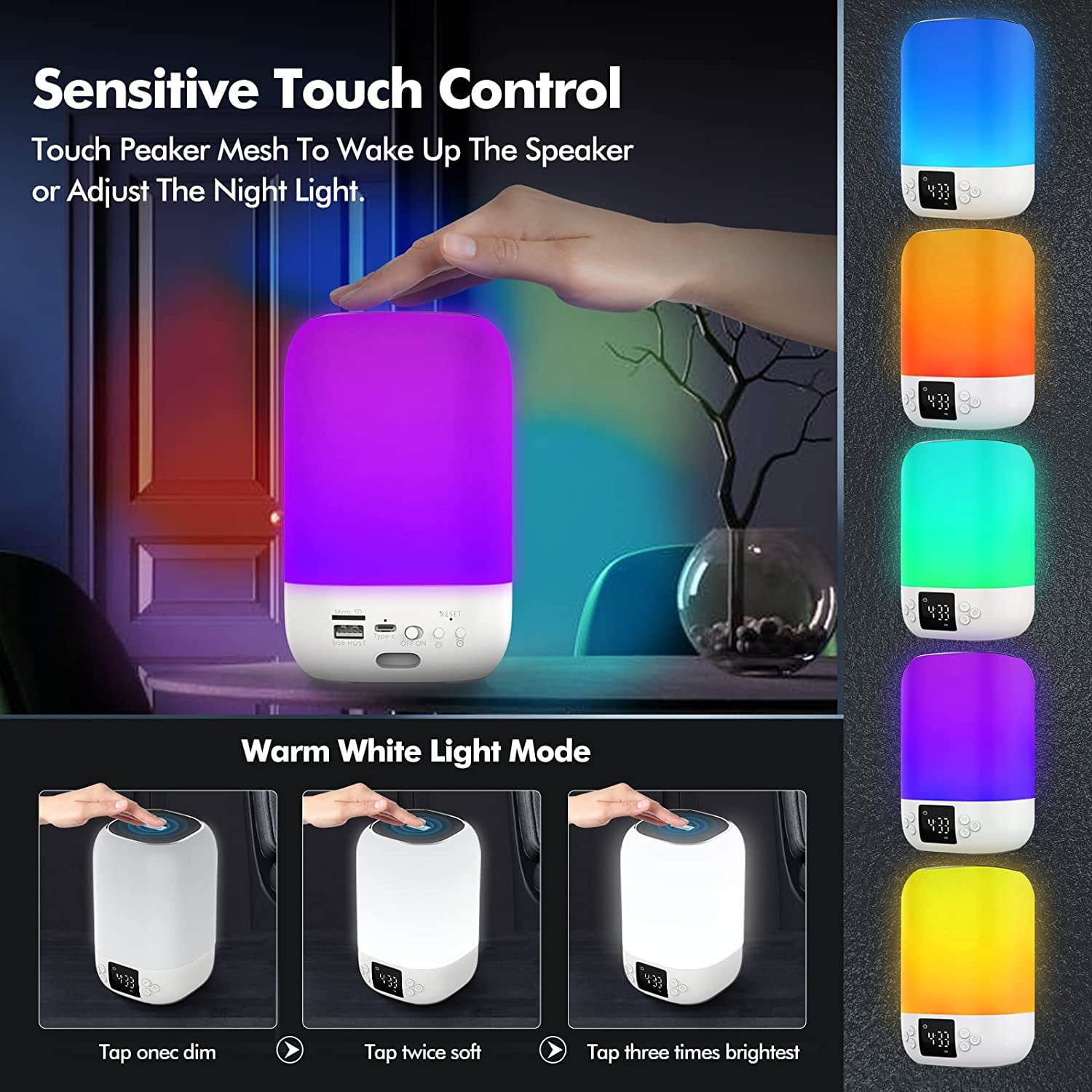 Thpoplete Night Light Bluetooth Speaker , Alarm Clock, White Noise Sound Machine, Gift for Teenage Girls/Boys