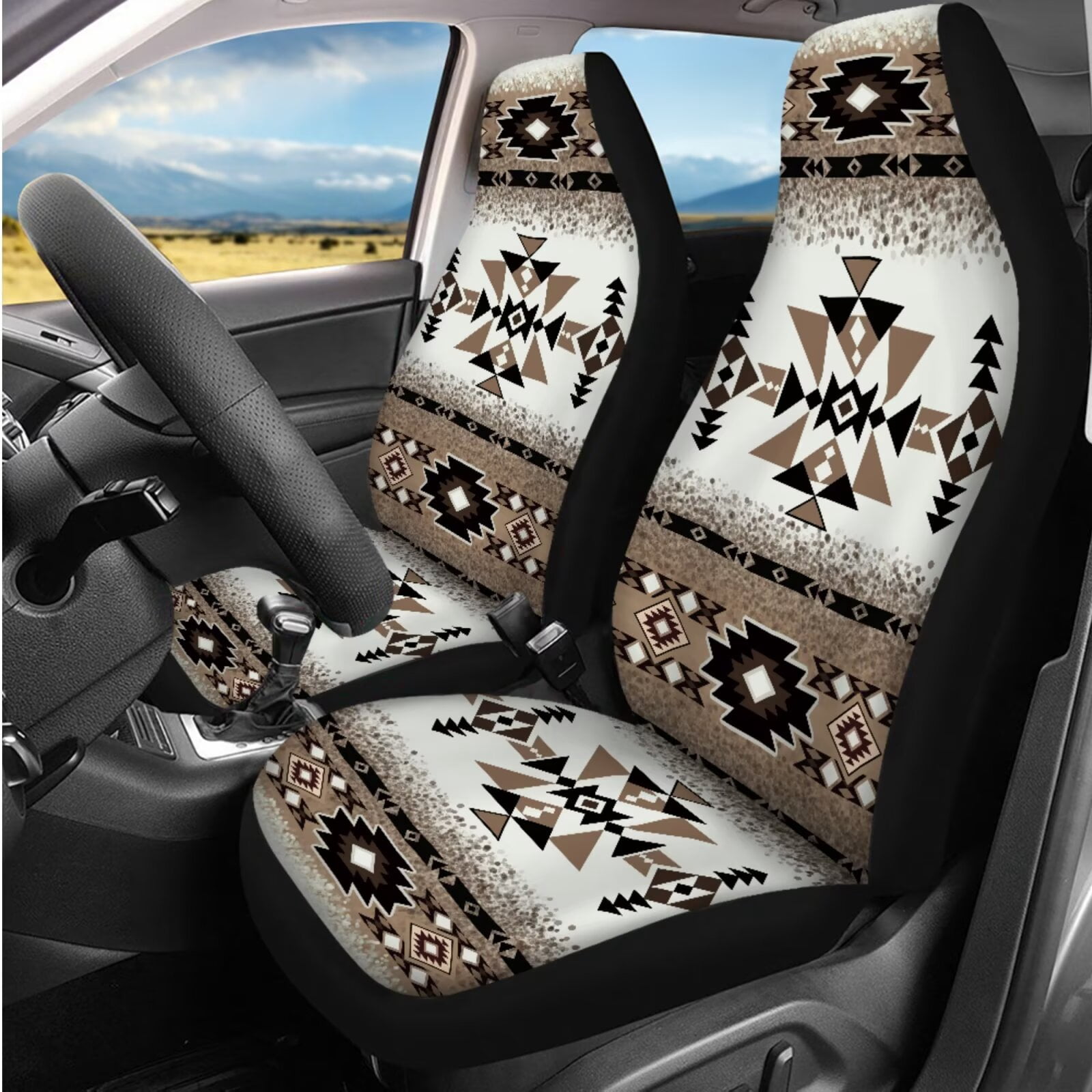 Yuyamidu Brown Car Seat Covers Full Set Southwest Aztec Steering Wheel Cover Safe Belt Pads Auto Headrest Covers Coasters Car Center Console Cover, 14 Pack