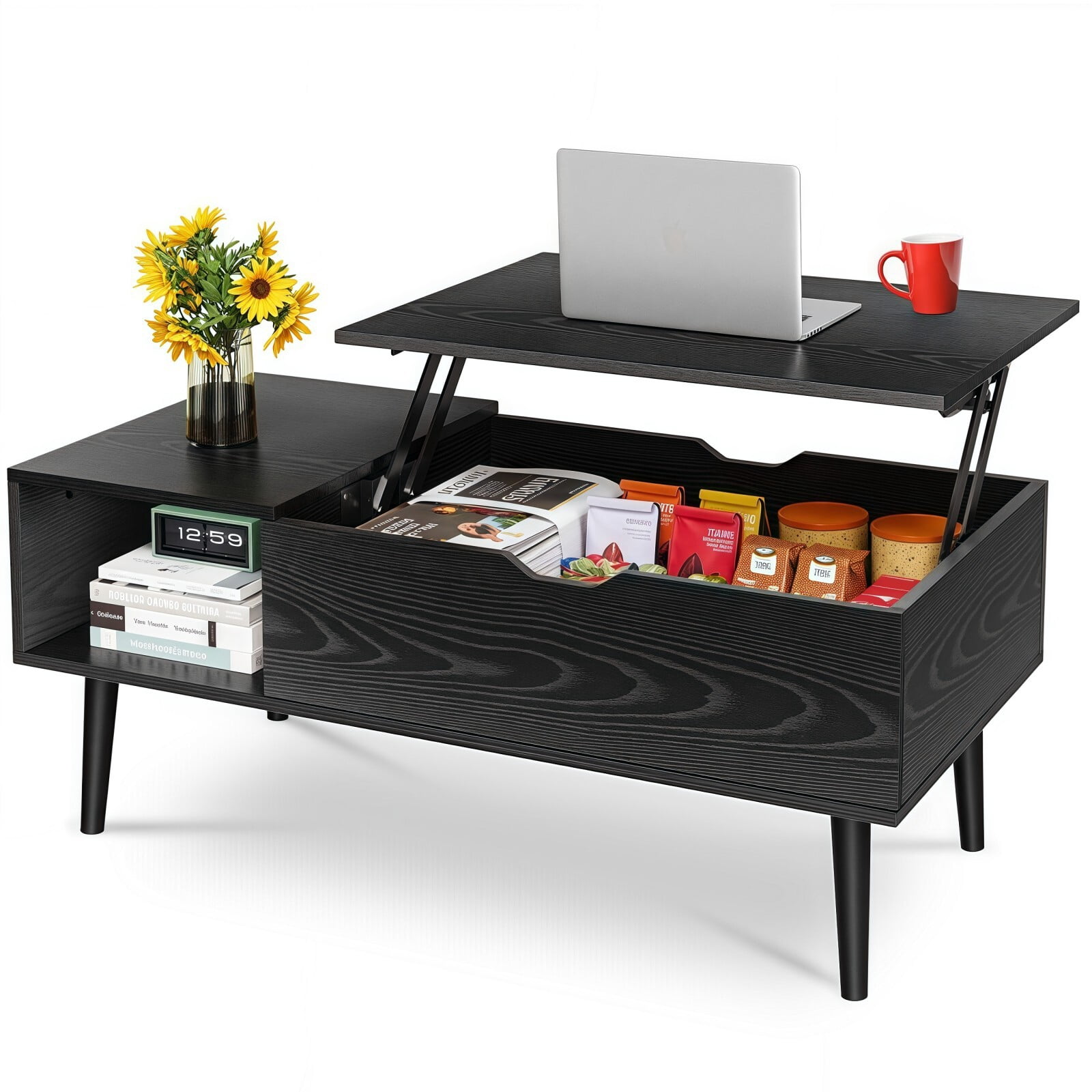 Kelno Lift Top Coffee Table with Hidden Compartment and Storage Shelves Wood Dining Center Table, Black