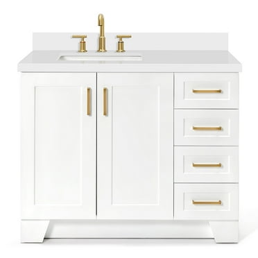 ARIEL Taylor 42 Inch White Bathroom Vanity with Sink, Solid Wood Bathroom Vanity Base Cabinet, Carrara White Quartz Countertop 1.5-Inch Edge, Right Rectangular Sink, 2 Soft Closing Doors, 5 Drawers