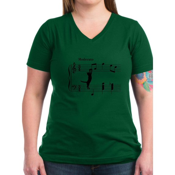 CafePress - Cat Jumping To Note T Shirt - Women's V-Neck Dark T-Shirt
