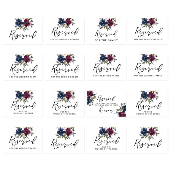 Koyal Wholesale Navy and Burgundy Fall Florals Table Reserved Signs for Wedding Reception, Table Tent Cards, 16-Pk