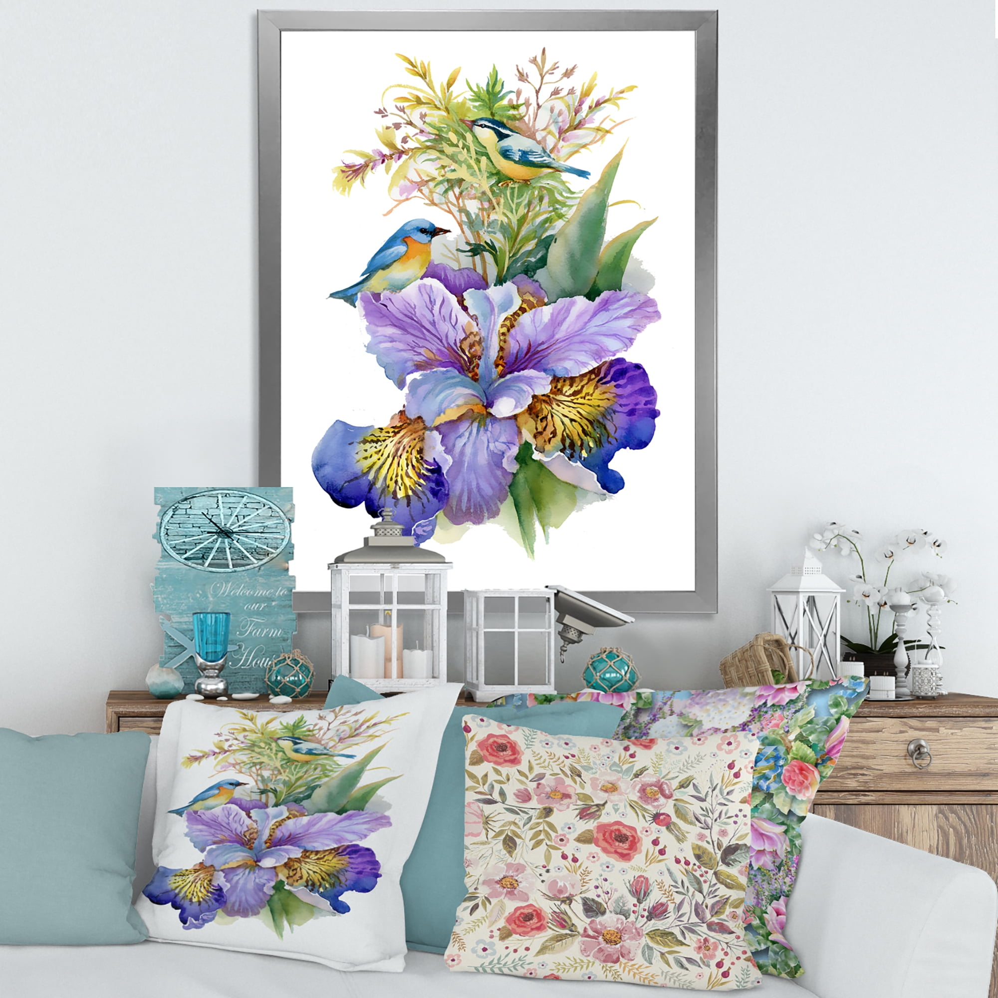 Designart 'Birds With Purple Iris' Traditional Framed Art Print