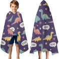 thumbnail image 3 of Purple Cartoon Dinosaurs Speech Bubbles Pattern Hooded Bath Towel，60"x35" for Ages 3 To 12 Kids, Quick Dry Lightweight Soft Microfiber Hood Beach Towel Cover Up for Kids, 3 of 7