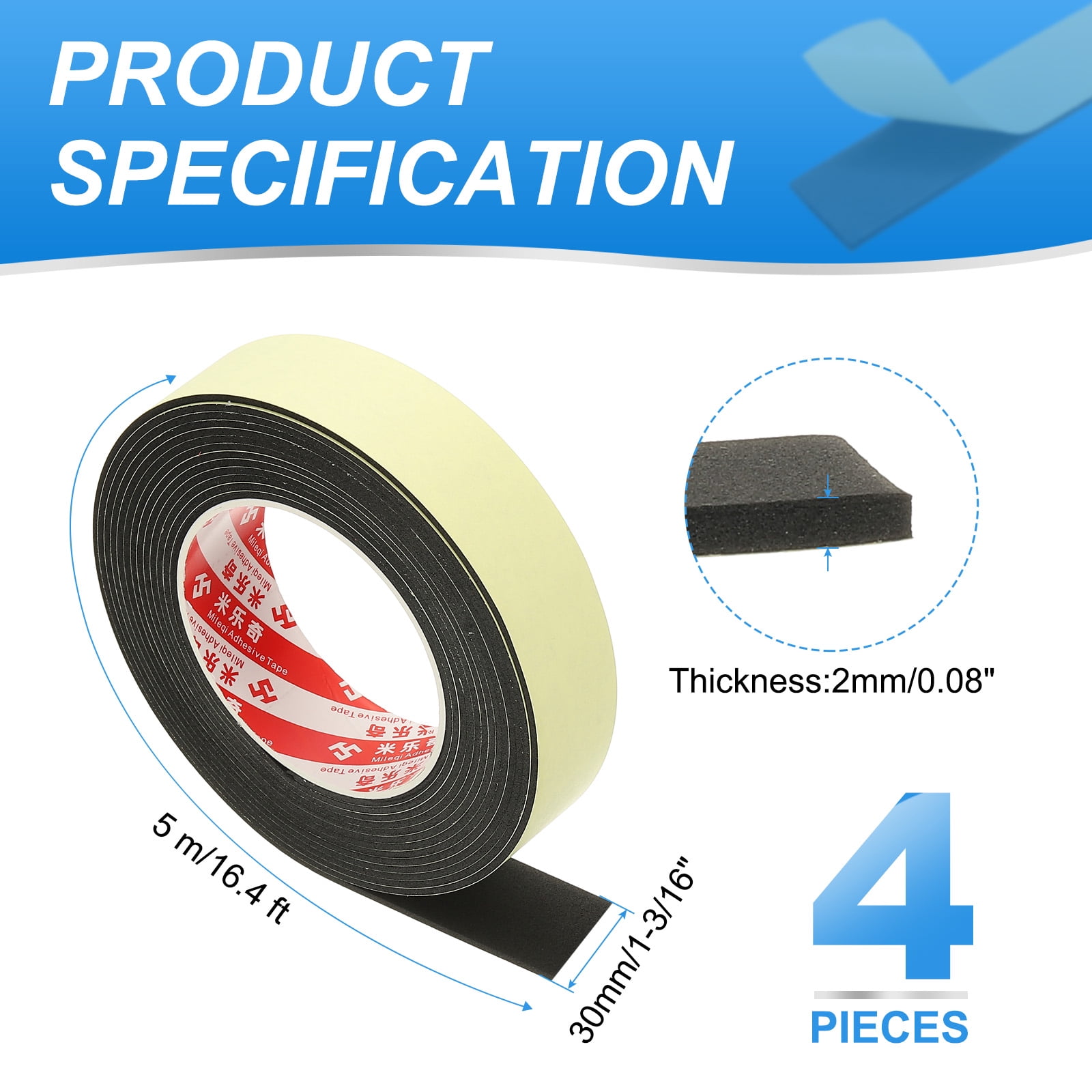 1 3/16 Inch x 16.4 Ft Weather Stripping Door Seal Strip, 4 Roll 2mm Thick EVA Self Adhesive Foam Seal Tape for Door Window Insulation, Black