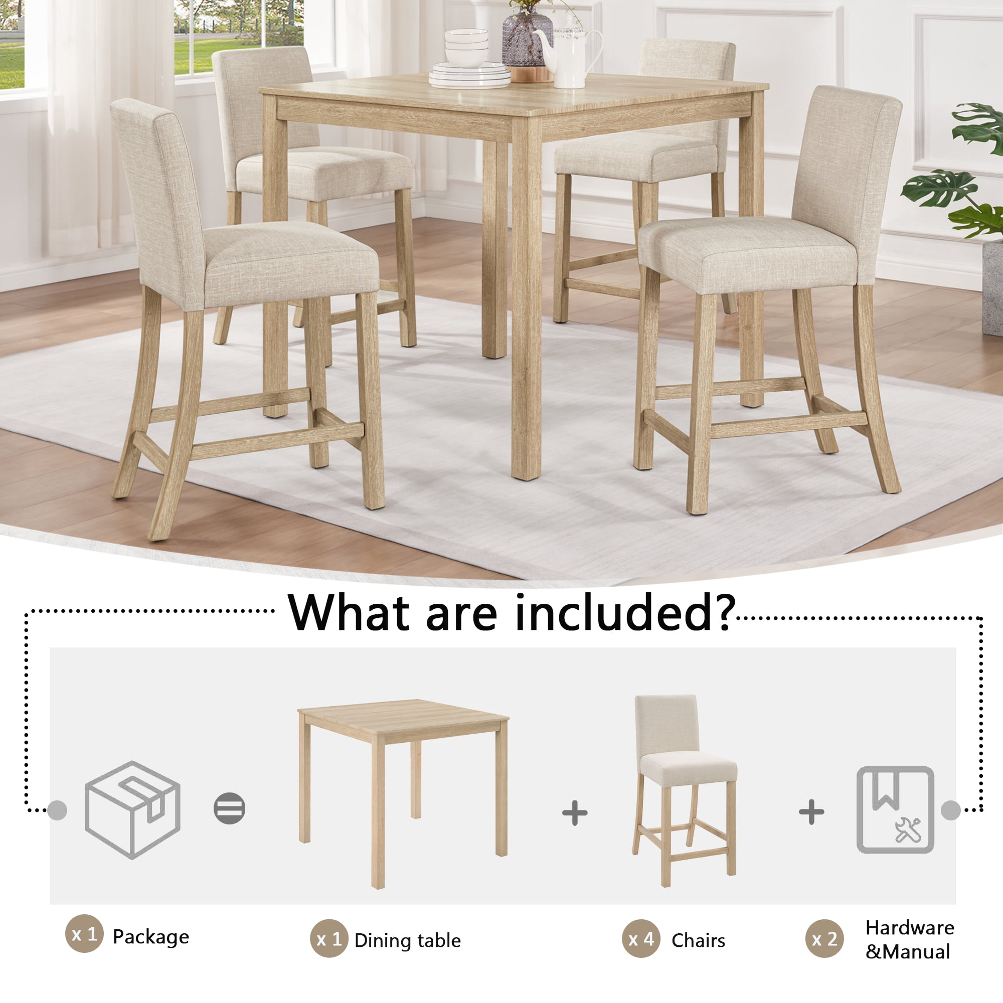 BSHTI 39" 5-Piece Rectangle Counter Height Table Set with Upholstered Chairs, Modern Space Saving Design for Dining Room（Light Oak）