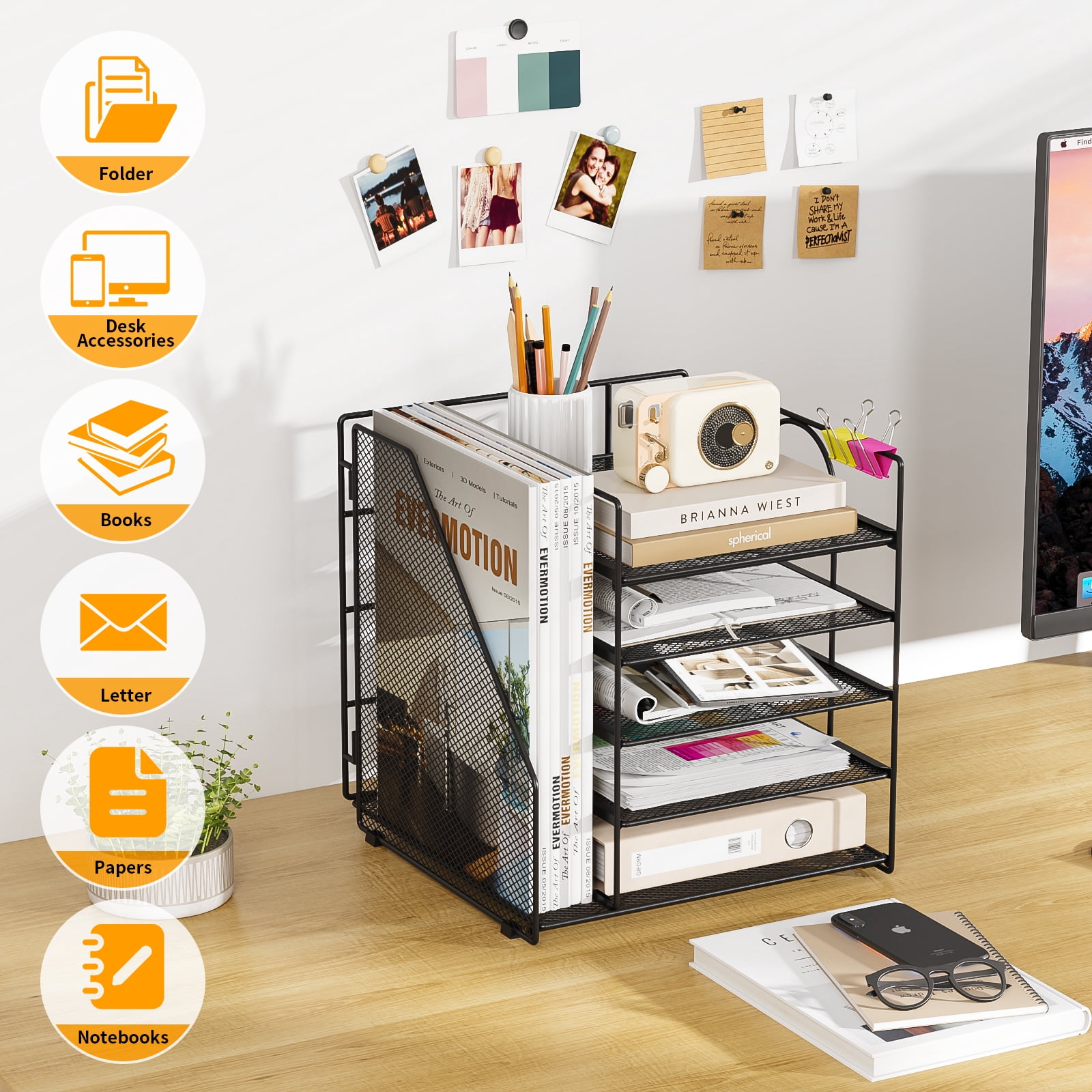 Mintazer Desk Organizer with File Holder, 5-Tier Paper Letter Tray Organizer Mesh Desktop File Organizer Magazine Holder for Home School Office Supplies, Black
