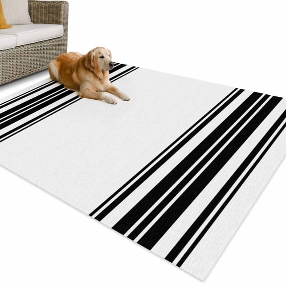Outdoor Rug 4x6 ft Black White Farmhouses Stripes Waterproof Outdoor Patio Rug Mat Non Slip Outside Area Rugs Carpet for RV,Camping,Porch,Deck,Pool,Balconybackyard,Modern Minimalist