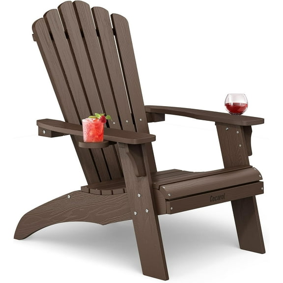 Cecarol Oversized Adirondack Chair Plastic, Outdoor Fire Pit Chair with Cup Holder, Adirondack Patio Chair Weather Resistant for Outside, Porch, Lawn, Garden- AC01, Coffee(Wood Grain)