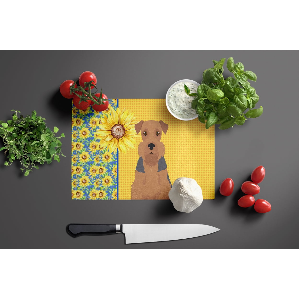 Summer Sunflowers Grizzle and Tan Airedale Terrier Glass Cutting Board Large 12 in x 15 in