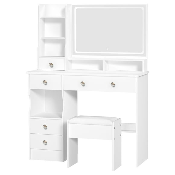 Vanity Desk with LED Lighted Mirror, Bedroom Dressing Table, Makeup Desk with Stool, 5 Drawers, 7 Open Shelves, 3 Brightness Modes
