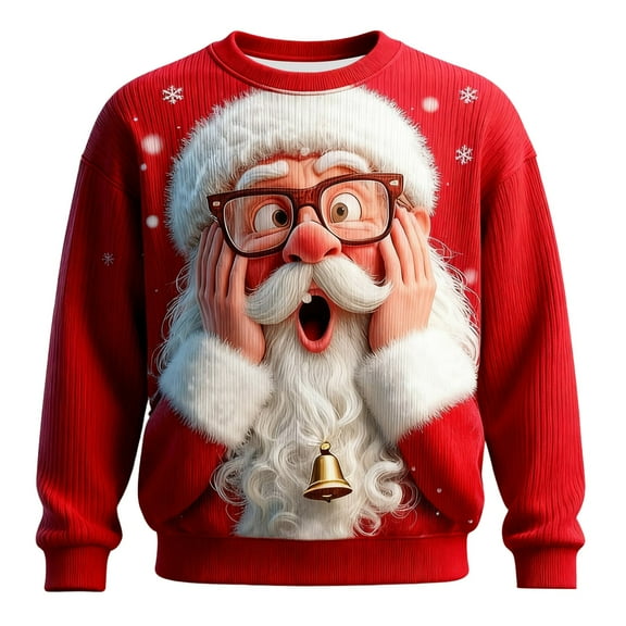 XIAOCHA Men's Crew Neck Sweatshirt Long Sleeve Surprised Santa Print Casual Pullover Top, Red, Sizes XXL