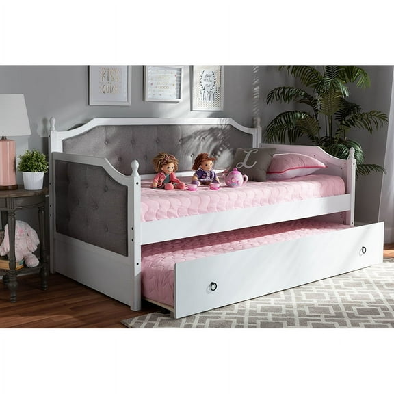 Baxton Studio Mara Classic and Traditional Grey Fabric Upholstered White Finished Wood Twin Size Daybed with Trundle