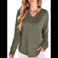 thumbnail image 3 of Blusas para Mujer, de Punto Gofre, de Larga, con Cuello en V y Muescas, Informales, Modernas, de Color Liso, Holgadas. Verde S, 3 of 8