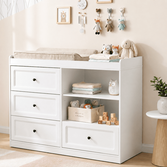 Nordee Changing Table Dresser, Baby Nursery Dresser with 4 Drawers and 2 Adjustable Shelves, Wooden Baby Diaper Changing Station, White