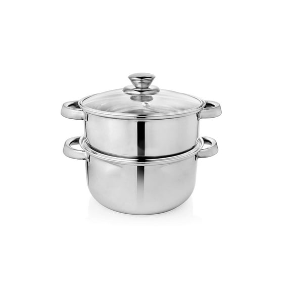Stainless Steel Steamer With Glass Lid & Handles - Silver, 2 Liters | Gas & Induction Bottom - 2 Tier Momo Steamer | Multi Use Vegetable Steamer, Momo Steamer, Rice Steamer | Dishwasher Safe
