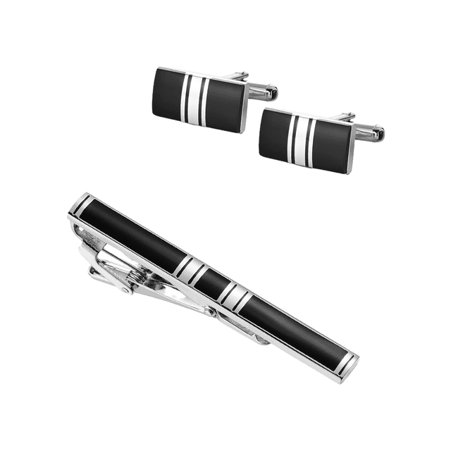 Juego de gemelos y broches para corbatas para hombre, diseño de esmalte negro