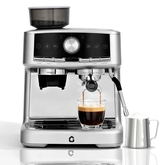20 Bar Pressure Stainless Steel Espresso Machine with Grinder, 1.5L Removable Water Tank, Milk Frother Steam Wand for Latte/Cappuccino - Adjustable Shot Volume, Professional Home/Office Use SILVER