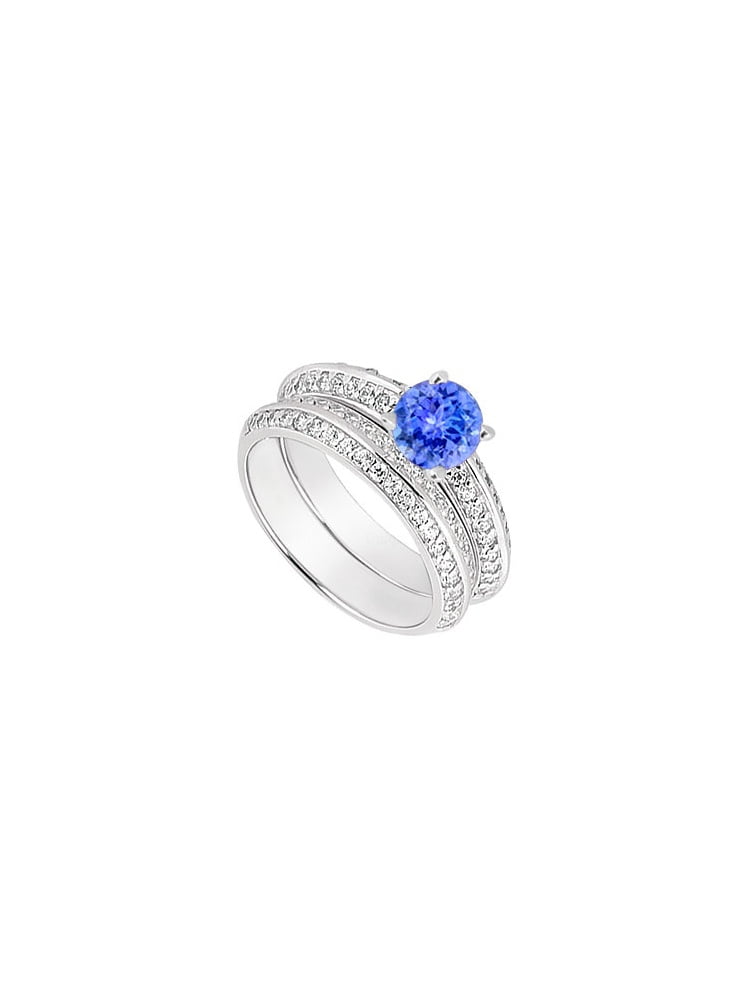 14K White Gold Created Tanzanite Cubic Zirconia Engagement Ring with Wedding Band Sets 1.00 CT by Love Bright
