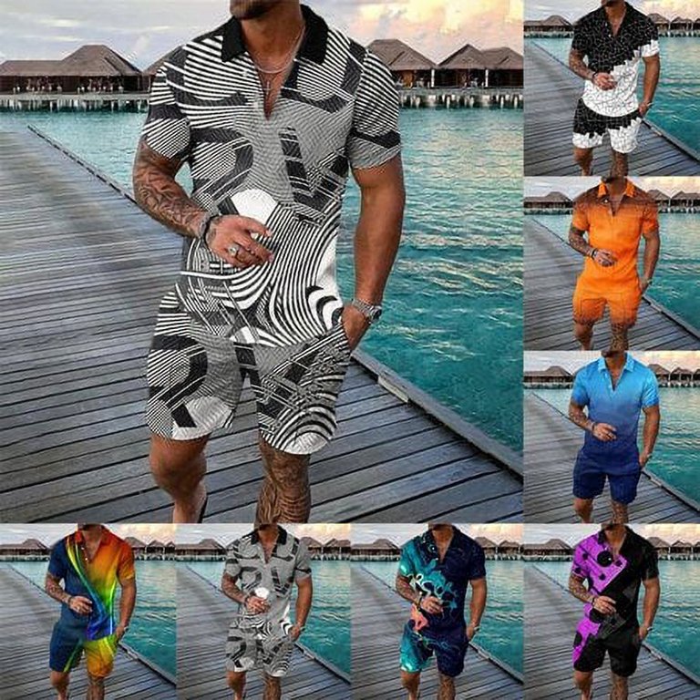 Men Zip Shirts And Shorts Sweatsuit Set Summer Outfit 2Piece Set