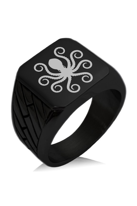 Stainless Steel Legendary Kraken Geometric Pattern Biker Style Polished Ring