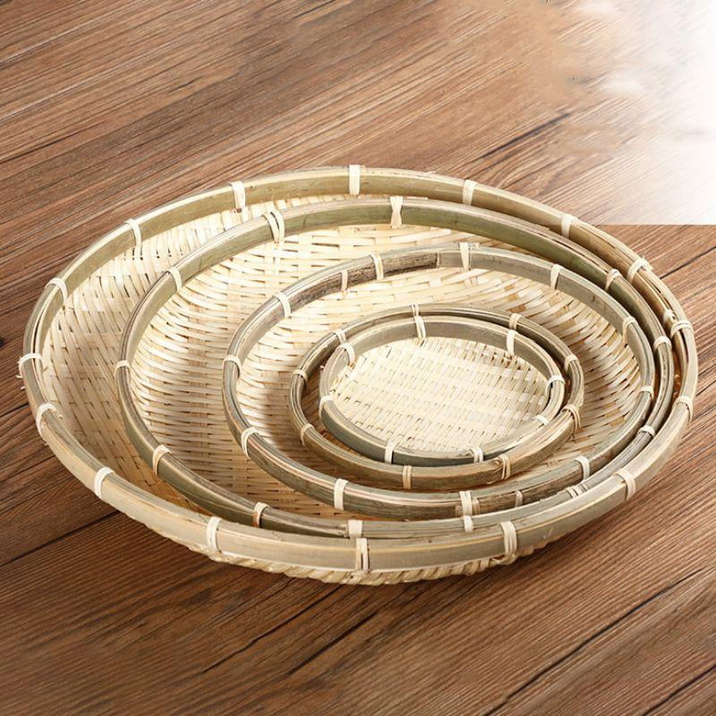 Bamboo Wood Round Serving Platter Traditional Round Rattan Flat Wicker