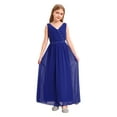 thumbnail image 4 of TTAO Robe en Mousseline pour Filles Sans Manches à Col en V Perlée Mariage Demoiselle d'Honneur Soirée Bal Formelle Robe de Bal Bleu 8, 4 of 7