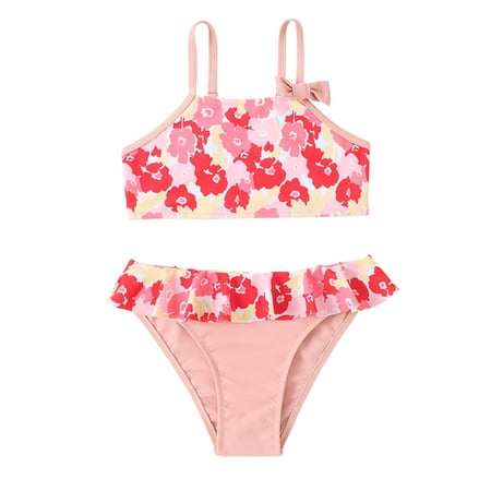 

B91xZ Girls Swimsuits Kids Toddler Baby Girls Spring Summer Flower Print Cotton Sleeveless Holiday Vest Shorts Beach Swimwear Pink Sizes 6-7 Years