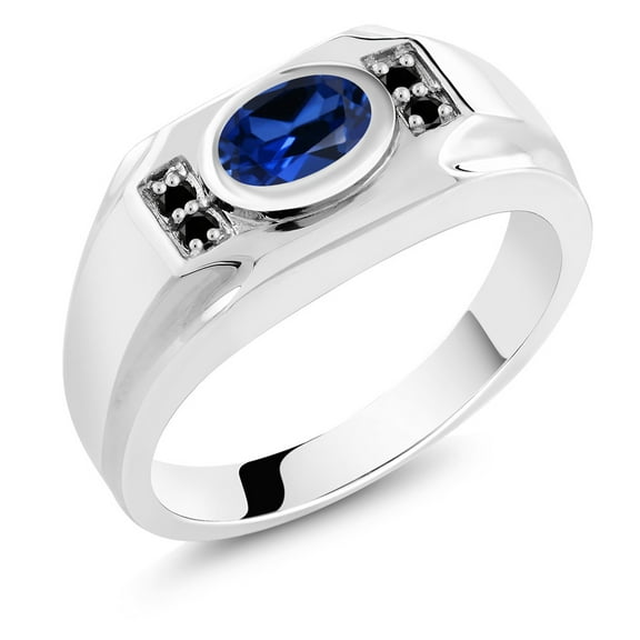 Gem Stone King Men's 925 Sterling Silver Blue Created Sapphire and Black Diamond Ring (1.77 Cttw, Gemstone September Birthstone, Oval 8X6MM,, Size 9)