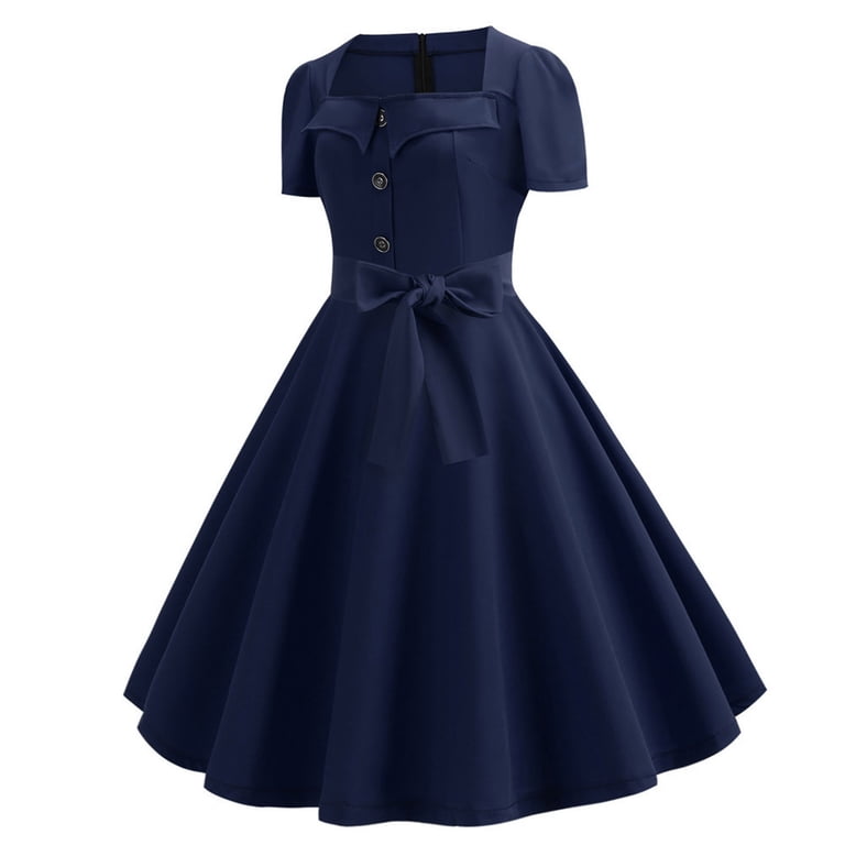 XFLWAM 1950s Vintage Dress Womens Square Neck Button Bowknot Cocktail  Dresses Retro Rockabilly Audrey Hepburn A-Line Swing Tea Dress Navy Blue M  - Walmart.com