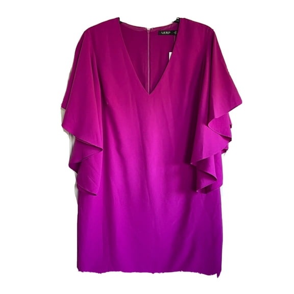 RALPH LAUREN Womens Purple Zippered Lined Bell Sleeve V Neck Knee Length Shift Dress 2