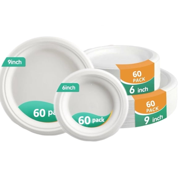 120PCS Compostable Paper Plates,OasisSN Disposable 6 in and 9 in Paper Plates Set,Heavy Duty Paper Plates ,Eco-Friendly Dinner Round Paper Plates for BBQ,Picnic,Party,Breakfast