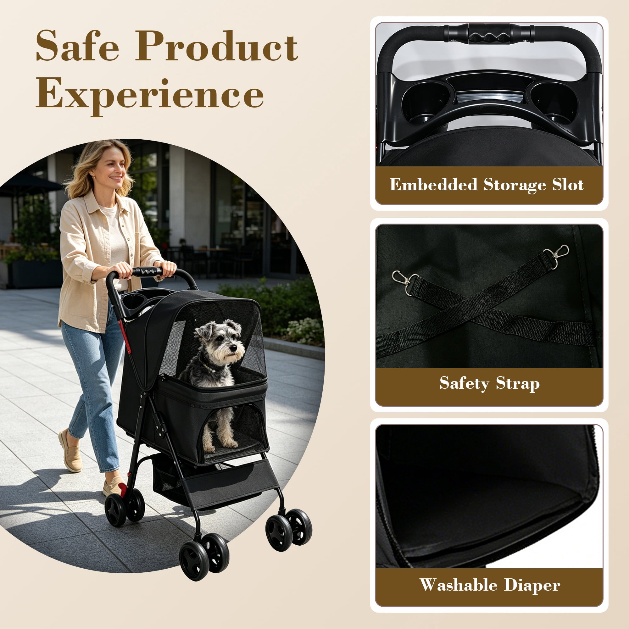 Foldable 4 Wheels Pet Stroller for Small Dogs and Cats, Pet Rolling Carrier with Storage Basket & Breathable Mesh