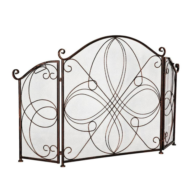 3-Panel Iron Fireplace Safety Screen Decorative Scroll Spark Guard