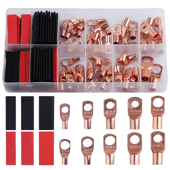New Arrivals 150Pc Copper Cable Wire Lugs, AWG 2 4 6 8 10 12 Gauge Connectors