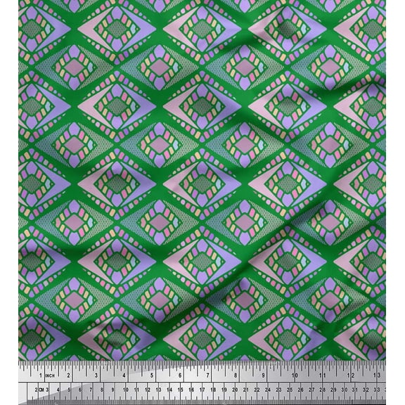 Soimoi Green polyester Crepe Fabric Diamond Geometric Print Fabric by the Yard 52 Inch Wide