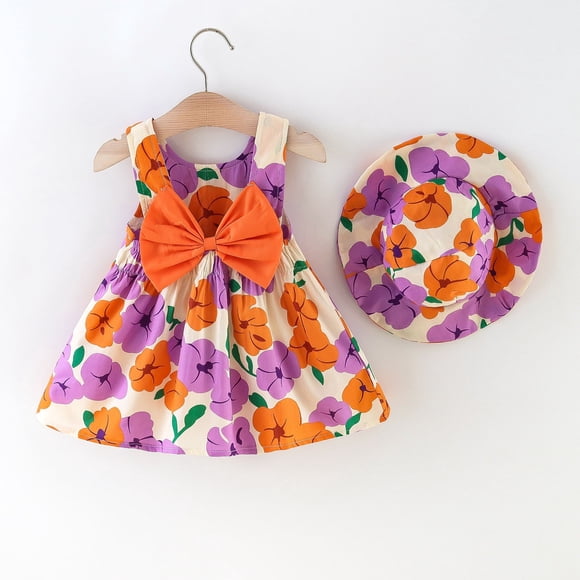 WEAIXIMIUNG Robes pour Enfants Taille 6 Robe Tutu pour Bébé Fille Été Sans Manches Dos Nu Robes de Fête d'Anniversaire Robe Soleil à Fleurs avec Nœud et Chapeau de Paille Ensemble 6