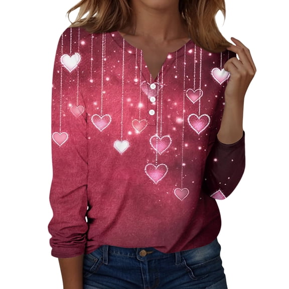 Valentine Day Shirts for Women Love Heart Print Long Sleeve Loose Blouse V Neck Casual Plus Size T Shirts Hot Pink S