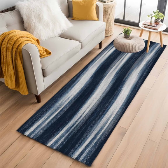 2'x6' Rug Runners for Hallways Kitchen, Navy Blue Ombre Non Slip Entryway Beside Floor Carpet Runner, Modern Abstract Moire Washable Laundry Room Bedroom Throw Rugs Mat for Family Pet