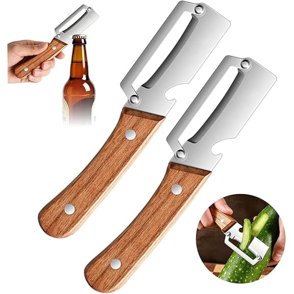 2PCS Multi-Functional Vegetable Peeler for Kitchen with Wooden Handle and Bottle Opener, 2-in-1 Stainless Steel Kitchen Tool for Fruit Apple Potato Pumpkin Papaya Carrot Peeler