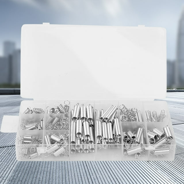 Versatile 200-Piece Spring Assortment Kit with Durable Spring Steel Construction for Industrial and DIY Projects, Includes Tension and Pressure Springs in Various Sizes, Compact Transparent PP