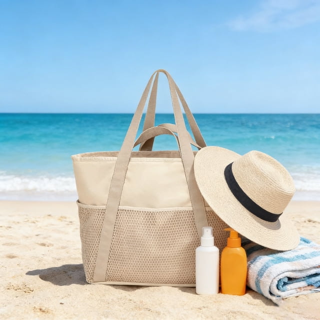 Bolsa de playa de gran capacidad con múltiples compartimentos, bolso tote de poliéster con bloques de color, correa para el hombro y asas para viajes, playa y uso al aire libre.