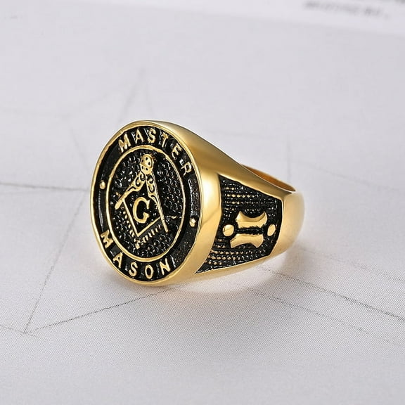 Punk 14K Yellow Gold Masonic Ring For Men Vintage round Rhinestone Ring Classic Jewelry AG Freemason Golden Anel Bagues