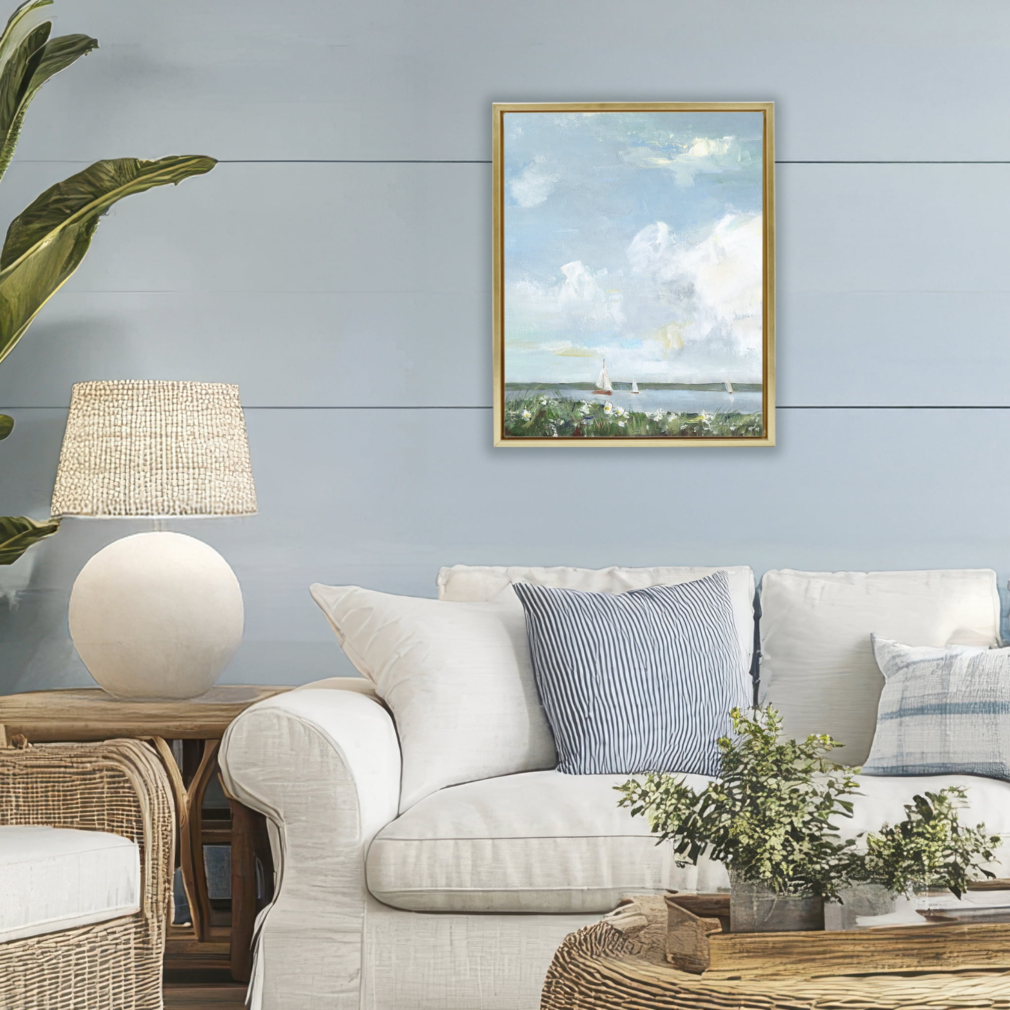 Stupell Industries Seaside Sailing Under Clouds Gold Framed Floater Canvas Wall Art, design by Sally Swatland