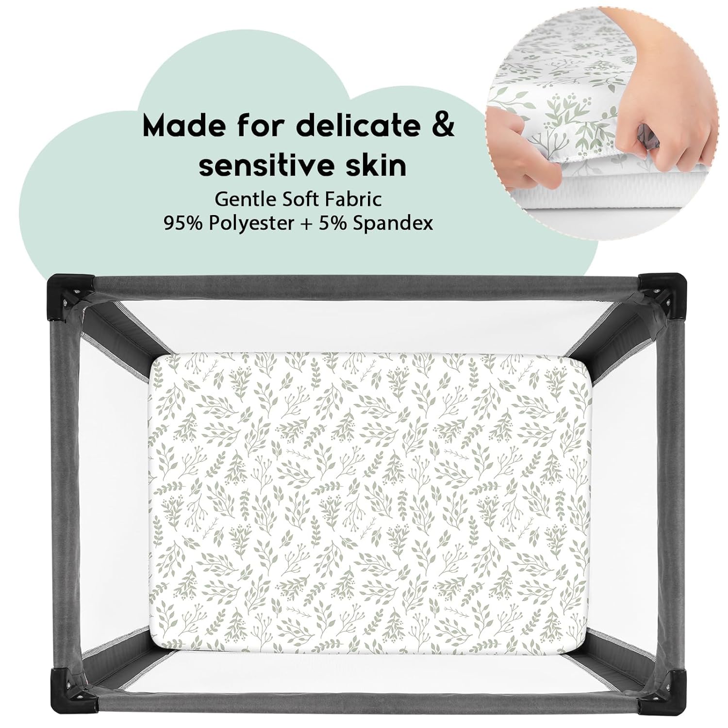 JJEAN-Pack and Play Sheets Fitted, Mini Crib Sheets 2-Pack for Pack N Play Mattress, Stretchy Playard Sheet, Soft and Breathable Green + Leaf