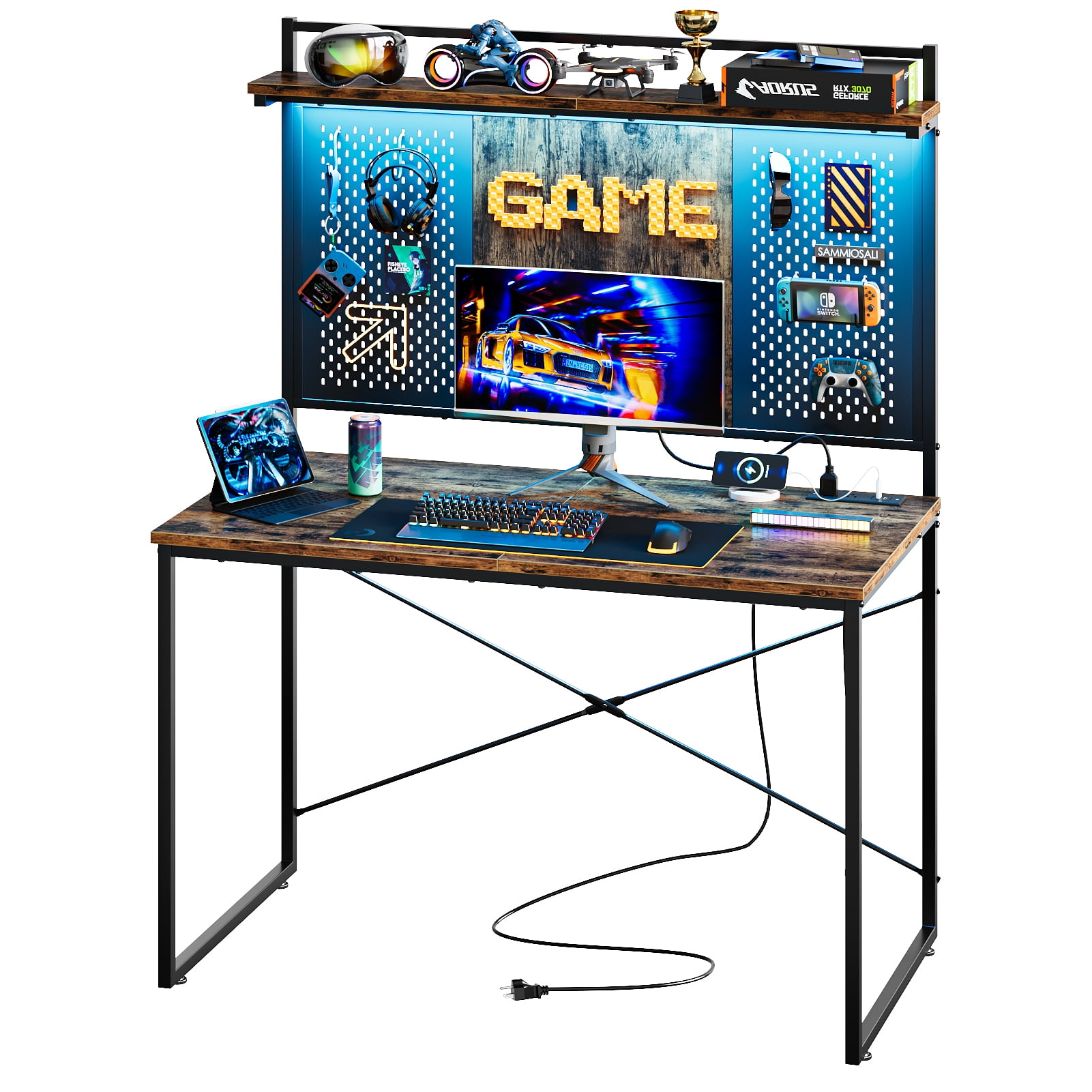 Bestier Gaming Desk with Power Outlets & LED Light, 39.3 Inch Computer Desk Office Table with Storage Shelves Pegboard, Rustic Brown