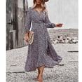 thumbnail image 1 of Vestido de mujer con cuello en V y manga larga, vestido floral con cintura cruzada, vestido de manga larga con vuelo, vestido cruzado de mujer con manga larga, artesanía superior, 1 of 9