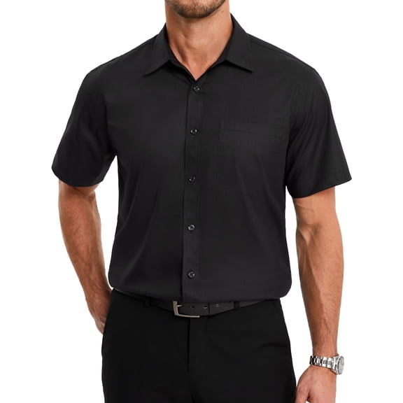 HISDERN Men's Short Sleeve Dress Shirt Stretch Classic Fit Black Button Down Shirt with Pocket